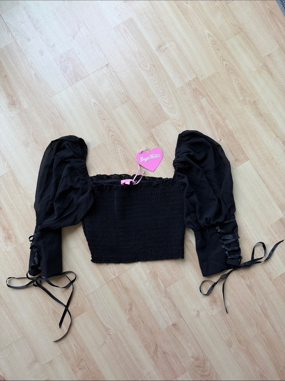 Sugar Thrillz Flirty Playdate Shirred Black Puff-Sleeve Lace-Up Smocked Crop Top